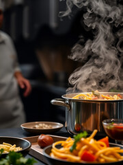 Cooking event steaming pot of food kitchen setting culinary image dark background close-up view delicious concept for food enthusiasts and chefs