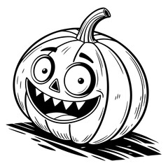 A black and white cartoon illustration of a happy, goofy Jack-o'-lantern with a big smile, perfect for Halloween coloring pages and festive designs