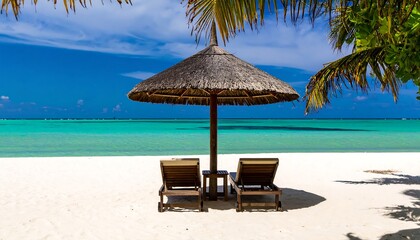 Tropical Beach Paradise: Two Empty Lounge Chairs Under Thatch Umbrella