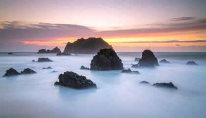 Serene Coastal Sunset: Misty Rocks and Golden Hues
