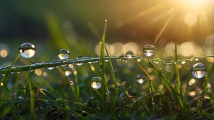 Macro Close-Up of Morning Dew Drops on Grass with Sunlight &ndash; Fresh Nature Texture for Wellness, Eco, and Creative Design Concepts