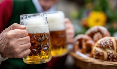 Two senior friends are holding beer mugs at Oktoberfest, celebrating with pretzels in the background