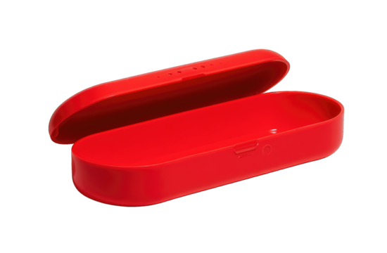 Red oval case, open, for earbuds