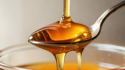 Thick Golden Honey Drips from a Silver Spoon, Glistening with Warm Highlights