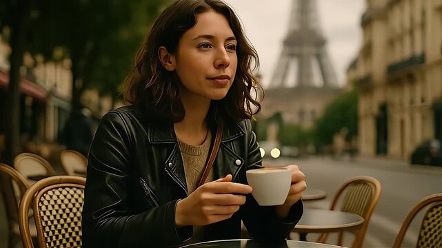 Young woman sips coffee at outdoor Parisian cafe with iconic landmark view