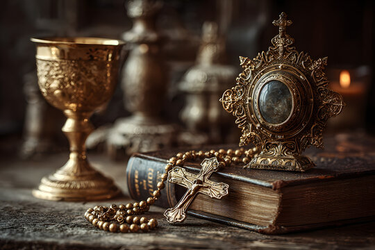 Religion concept. Catholic symbols composition: monsrance, The Cross, Holy Bibe, rosary and golden chalie.