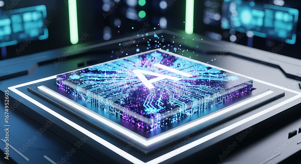 Poster close up of a glowing ai chip with intricate circuit patterns on a dark futuristic platform design
