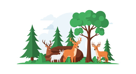 Serene Forest Scene with Majestic Deer Family, Flat Vector Illustration for Nature Education and Wildlife Conservation Awareness Campaigns