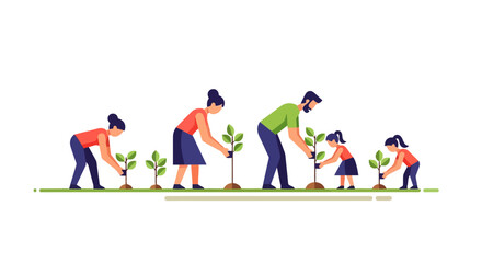 Family Planting Trees Illustration for Environmental Awareness Campaigns and Educational Materials Promoting Sustainability and Ecological Responsibility.