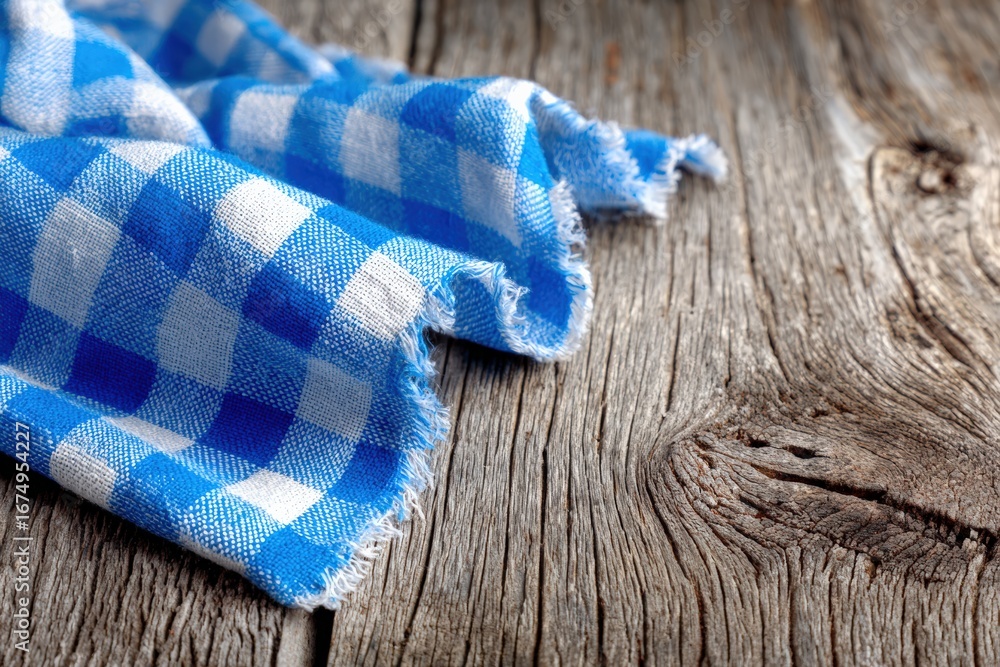 Poster blue and white checkered tablecloth with frayed edges lying on a rustic wooden table, creating a coz