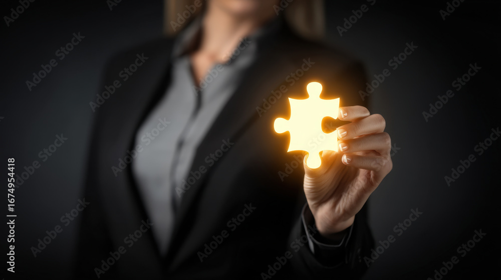 Poster business professional holds glowing puzzle piece, symbolizing problem solving and innovation. dark b