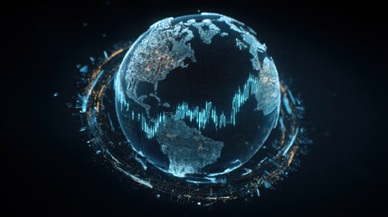 Digital representation of globe showcasing interconnected data points and vibrant city lights, symbolizing global connectivity and technology. visual evokes sense of innovation and modernity