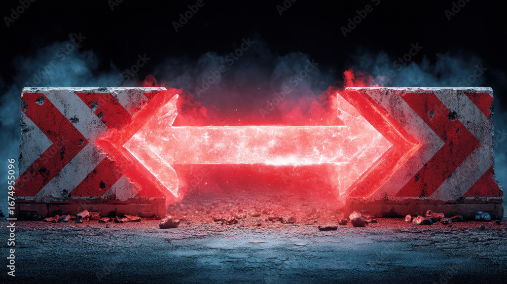 Poster glowing barrier with red and white stripes creates striking visual effect, symbolizing division and 