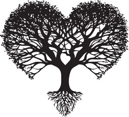 Silhouette of a Loving Tree: A striking silhouette depicts a tree whose branches and roots intertwine to form a heart, symbolizing love, growth, and connection in nature.