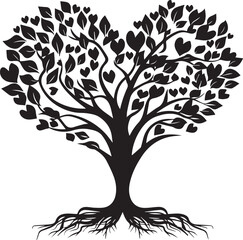 Tree of Love: A stylized tree forming a heart shape, intricately detailed with leaves and heart-shaped elements, symbolizing love, growth, and interconnectedness.