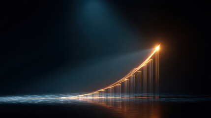 Glowing upward trend line symbolizes growth and success, illuminated against dark background. light creates dynamic and inspiring atmosphere, representing progress and achievement