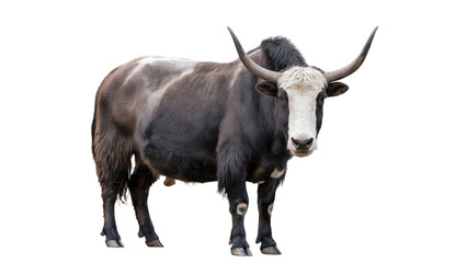 A large yak with horns standing and facing forward isolated on transparent background