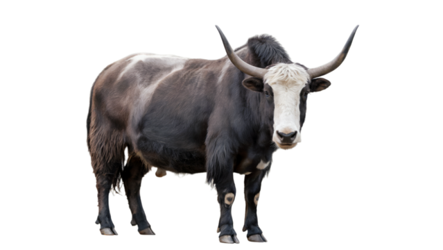 A large yak with horns standing and facing forward isolated on transparent background