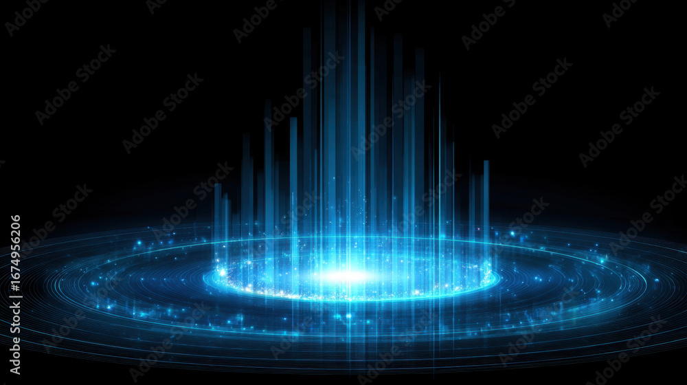 Poster vibrant blue light emanates from central point, creating dynamic visual effect with vertical beams a