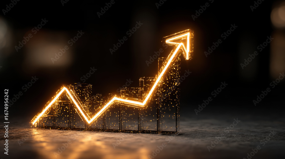 Poster glowing upward trend graph symbolizes growth and success in business. sparkling elements add dynamic
