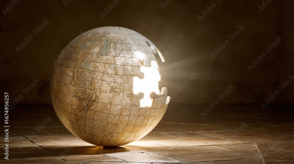 Poster globe made of puzzle pieces, illuminated from within, symbolizes concept of unity and interconnected