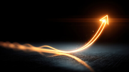 Obraz na płótnie Canvas Glowing arrow symbolizing growth and progress, illuminated against dark background. light trails create dynamic and uplifting visual, representing success and forward movement