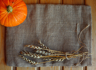 A close-up of wheat and pumpkin ears placed on a rustic burlap cloth, the concept of agriculture, harvest and natural autumn