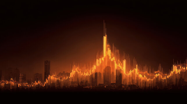 Vibrant city skyline illuminated by dynamic orange and yellow light, resembling financial chart or stock market graph. abstract representation conveys energy and growth, symbolizing economic