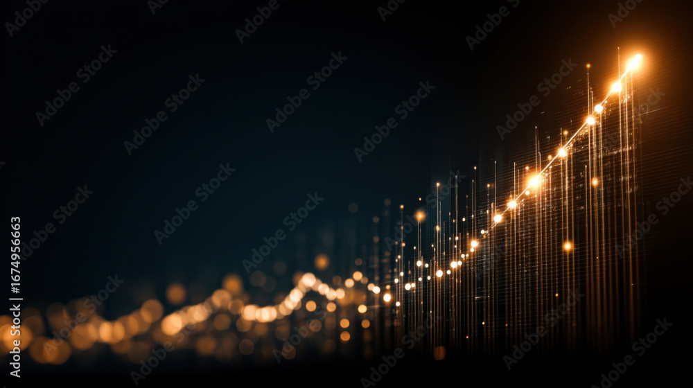 Poster glowing line graph representing growth and progress, with shimmering lights and dark background, evo