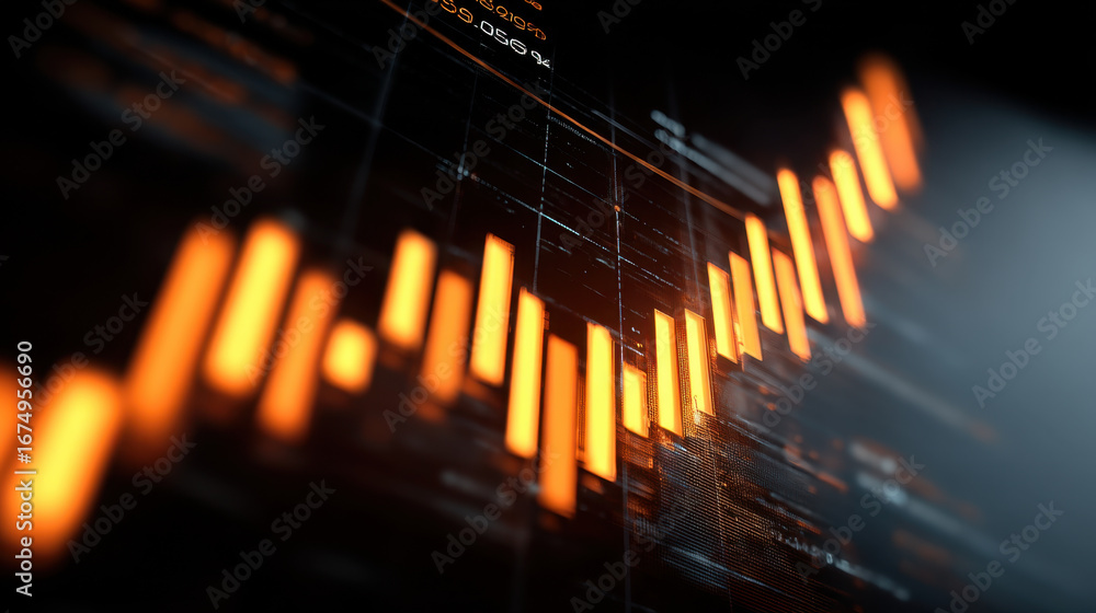 Poster digital financial chart displaying upward trends with orange candlestick patterns, representing mark