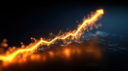 Glowing orange line graph represents growth and progress, showcasing dynamic upward trend with interconnected nodes. This conveys sense of innovation and success in data visualization