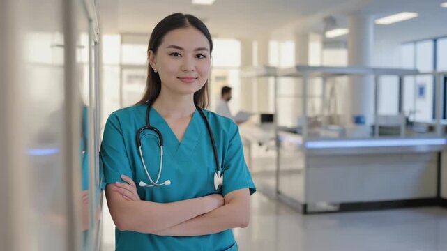 Video portrait of a female nurse or doctor, in the background you can see another doctor talking to a patient in the corridor of the hospital. stethoscope, studen, 4k, hd, resolution, surgeon, uniform