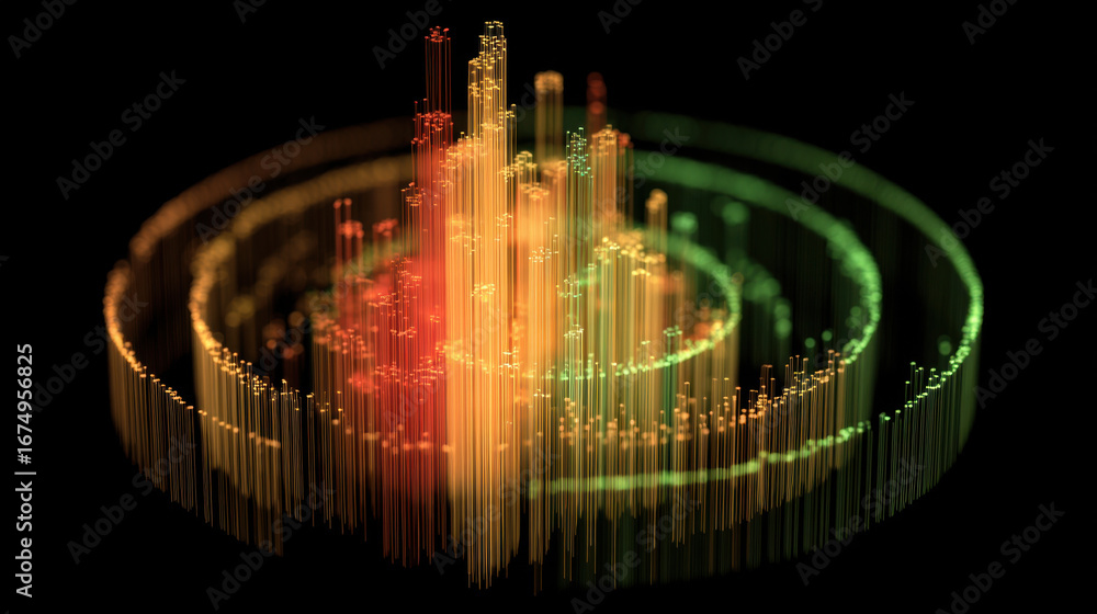 Poster 3d visualization of sound waves represented by colorful bars in circular pattern, showcasing vibrant