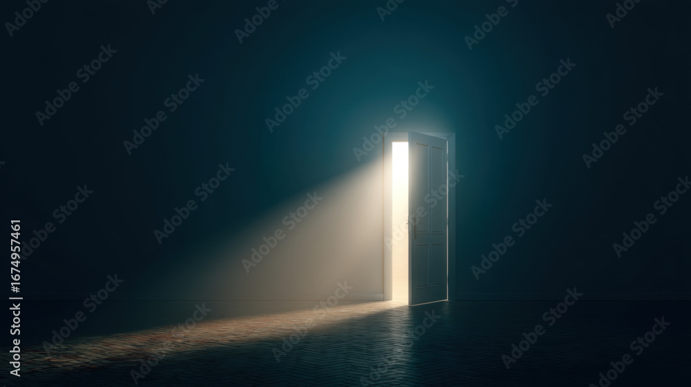 Poster partially open door emits soft beam of light in dark room, creating mysterious and inviting atmosphe