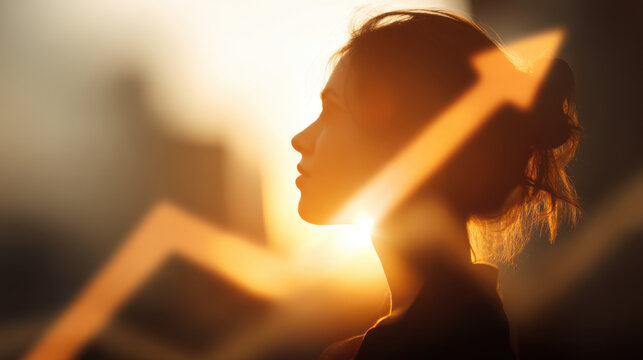 Silhouette of woman against bright sunset, symbolizing growth and success with upward arrow overlay. image conveys sense of optimism and ambition
