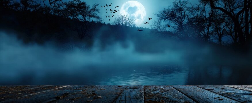 Spooky night landscape with wooden pier overlooking misty lake on full moon night with bats flying over the forest