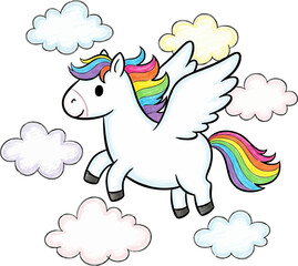 Fluffy Pegasus Soaring Through Soft Crayon Clouds