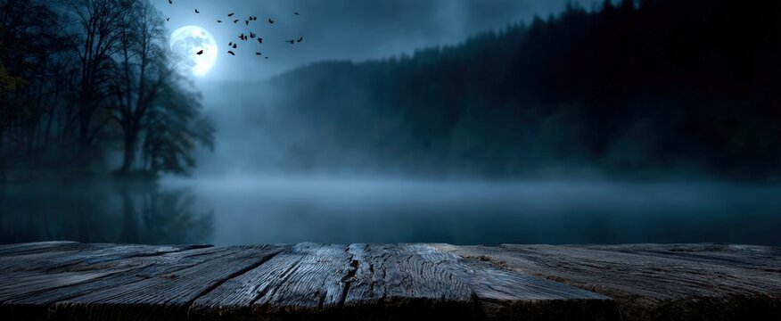 Spooky wooden pier stretching over a misty lake, illuminated by a full moon, with flying birds gliding through the dark foggy night