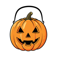 Cartoon illustration of a classic orange jack-o'-lantern candy bucket with a happy carved face, an iconic symbol for Halloween trick-or-treating fun