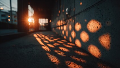 Sunbeams cast intricate shadows on a textured wall at dusk