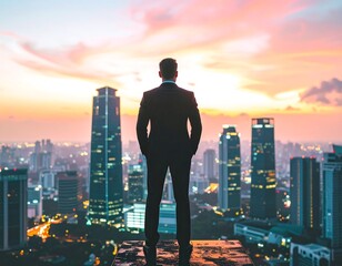 Obraz na płótnie Canvas Businessman overlooking cityscape at sunrise