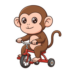 Cartoon monkey with a cheerful face rides a red tricycle on a plain white background.