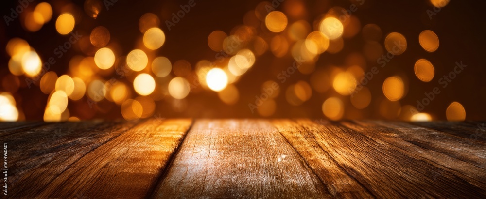 Poster empty wooden table top adorned with shimmering golden bokeh lights, creating a warm and festive atmo