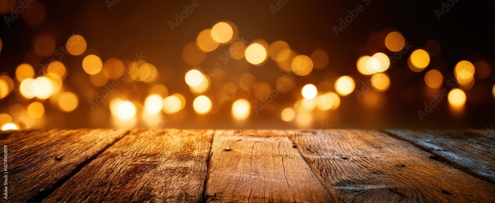 Poster featuring an empty wooden table top adorned with softly blurred golden bokeh lights, creating a perf