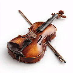 Fototapeta premium Elegant wooden violin and bow resting on a clean white background, showcasing fine craftsmanship.