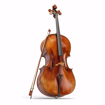 Large wooden cello with bow resting elegantly, isolated against white.