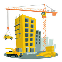 Construction site with crane, truck, and building materials isolated on transparent background