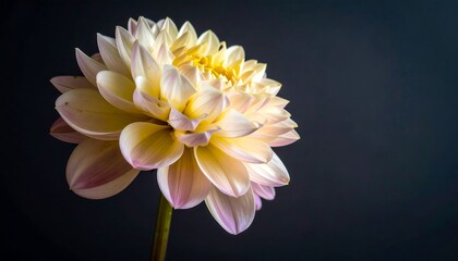 Close-up of a pale yellow and pink dahlia
