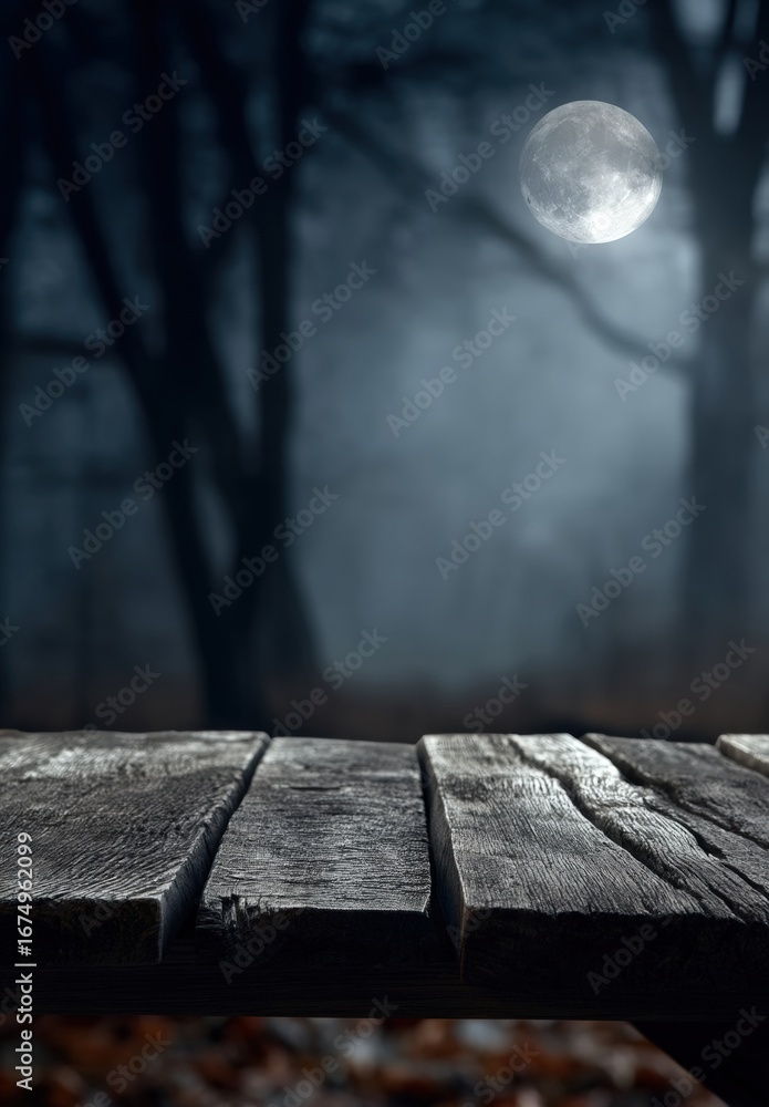 Poster empty wooden table in a spooky forest illuminated by the full moon creating a mysterious atmosphere