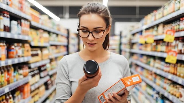 Woman carefully examines food labels in a supermarket aisle.